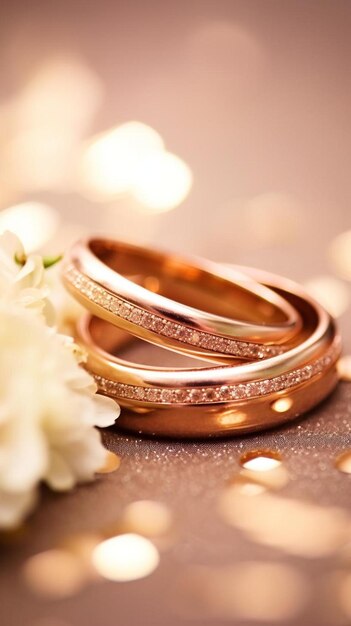 Photo gold wedding rings with a white flower in the middle