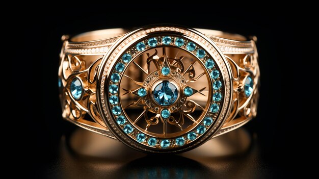 Золотое колесо с бриллиантами и голубыми камнями.