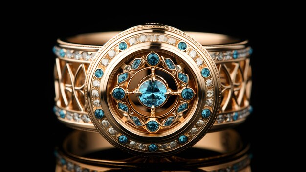 A gold wheel with diamonds and blue stones