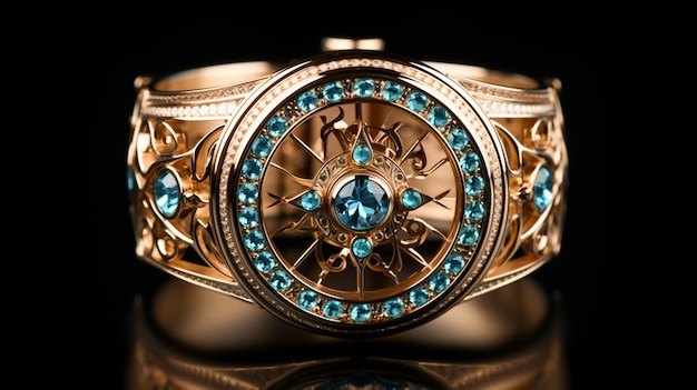 A gold wheel with diamonds and blue stones