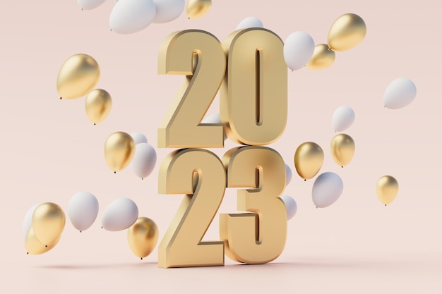 Photo gold and white 2023 3d text happy new year with balloons and falling shiny confetti on pink pastel background 3d rendering