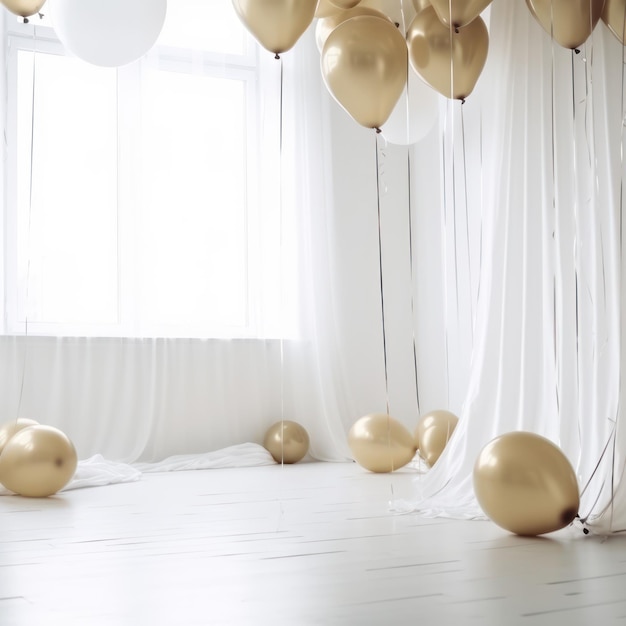 Gold and white balloon on white room with curtain background