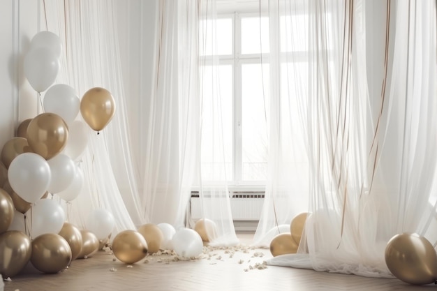 Gold and white balloon on white room with curtain background