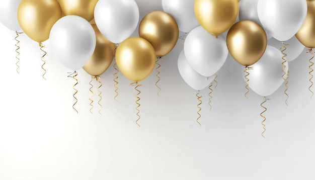 Gold and White Balloons on White with Copy Space