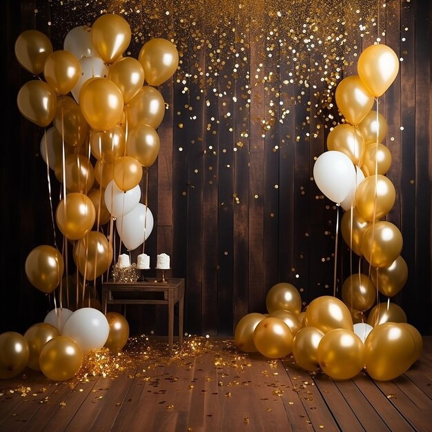 Gold and white balloons with gold confetti falling down over brown background generated by ai