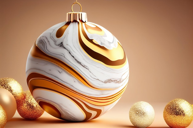 A gold and white christmas ball with gold stripes and a gold ball.