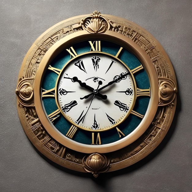 A gold and white clock with the hands of the time as 12 00