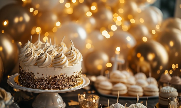 誕生日のケーキの金と白の色 豪華なパーティーの装飾