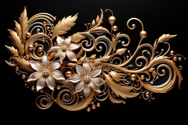 a gold and white design of a flower and leaves