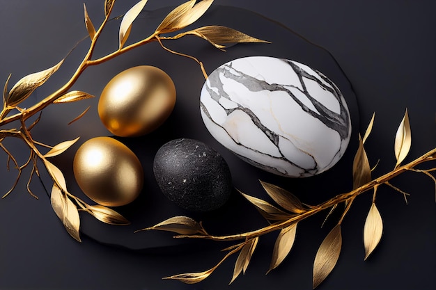 Gold and white eggs on a black plate with gold leaves