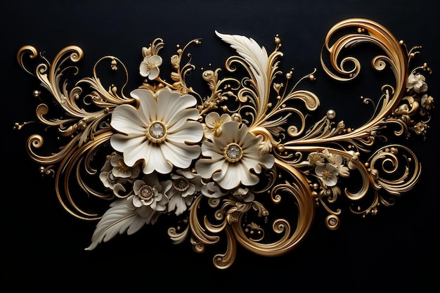 a gold and white floral design is shown on a black background