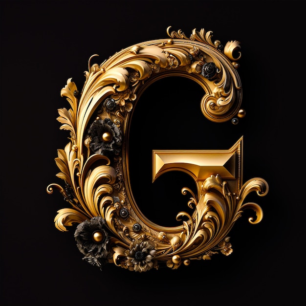 A gold and white letter g with gold leaves and flowers.