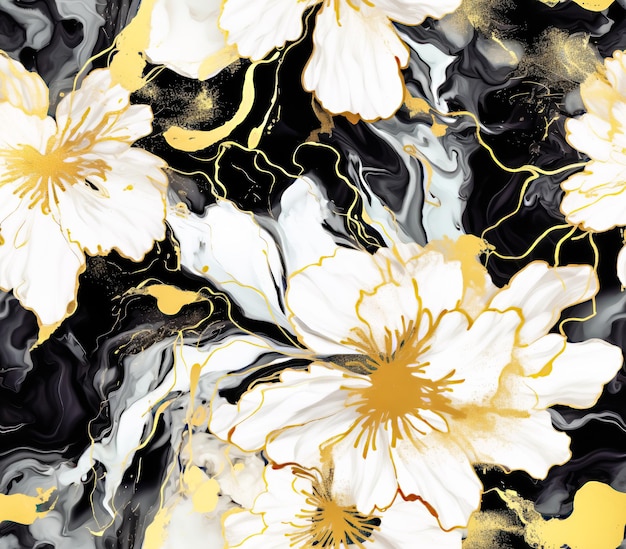 Gold White Luxury Alcohol Ink Floral Seamless Pattern with Black Marble Background