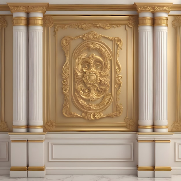 a gold and white marble wall with a picture of a skull and a flower on it.