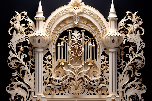 a gold and white ornate piece of art is displayed