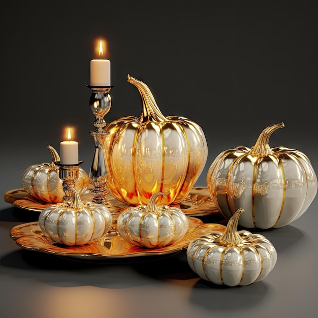 gold and white pumpkins on a plate with a candle in the middle surrounded by smaller golden pumpkins