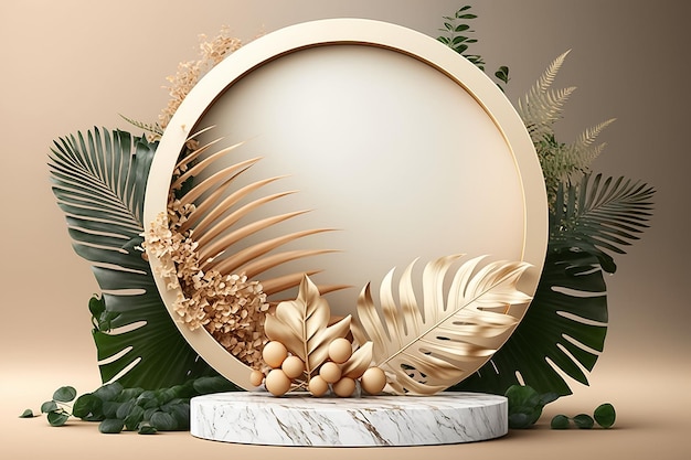 A gold and white trophy with a tropical leaf on a marble pedestal Generative Ai