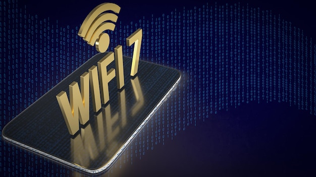 Золотой wifi 7 на планшете для технологической концепции 3d-рендеринга