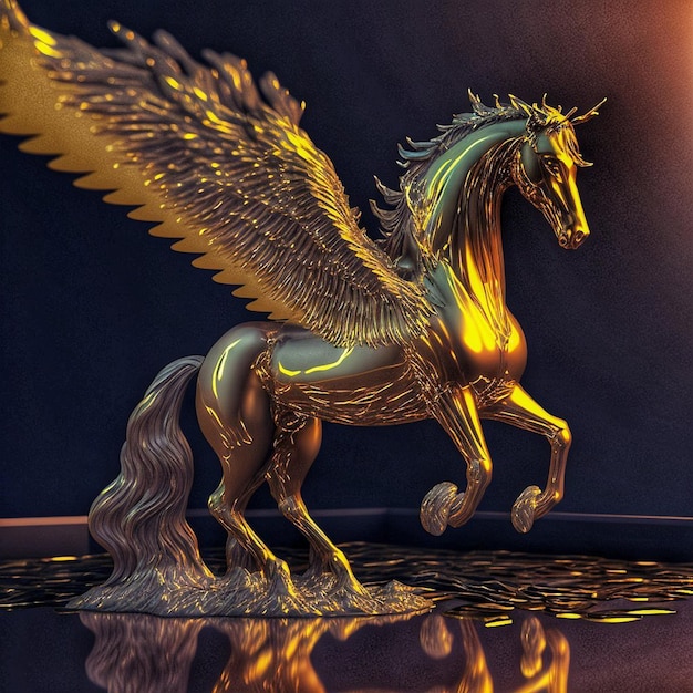 A gold winged horse with a tail that says " the word " on it.