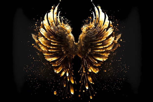 Gold wings of angel or eagle bird black background Splash gothic glamour abstract concept