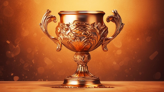 Gold winner cup on orange autumn background Golden champion cup trophy for the winner award victory first place of competition winning and success concept Copy space Ai generated image