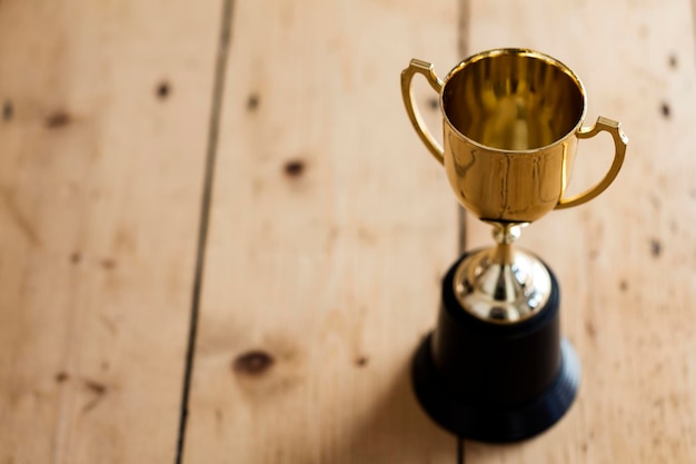 Gold winners trophy award on a wooden background