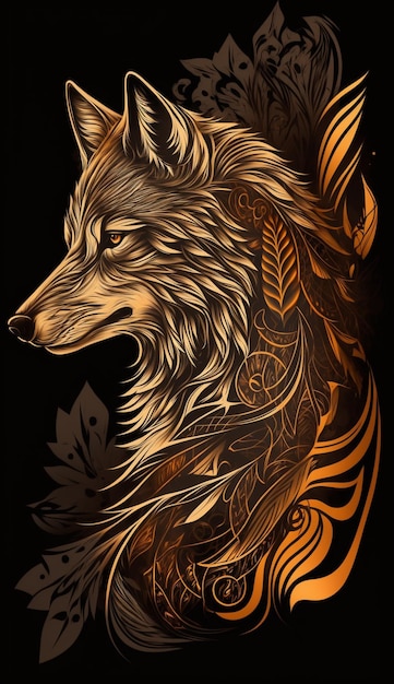 A gold wolf with a black background
