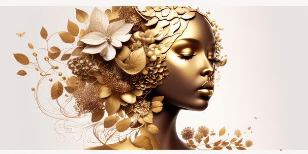 a gold woman with a flower on her head