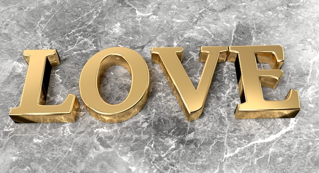 Gold word LOVE on marble background