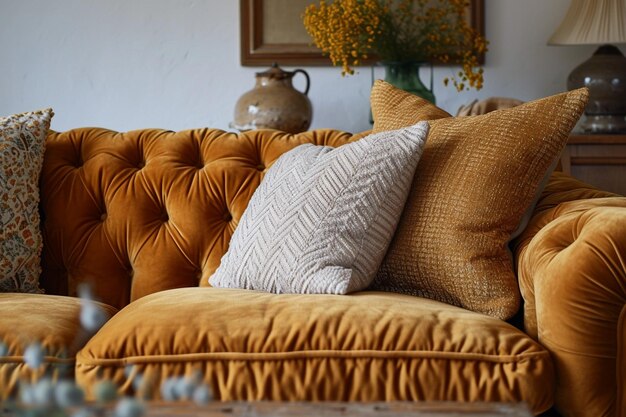 Gold Yellow Velvet Sofa in Warm Tonal Range with Natural Lighting