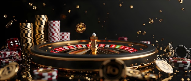 Goldaccented D render of casino cards poker chips blackjack and baccarat Concept Casino Cards Poker Chips Blackjack Baccarat Gold Accents 3D Render