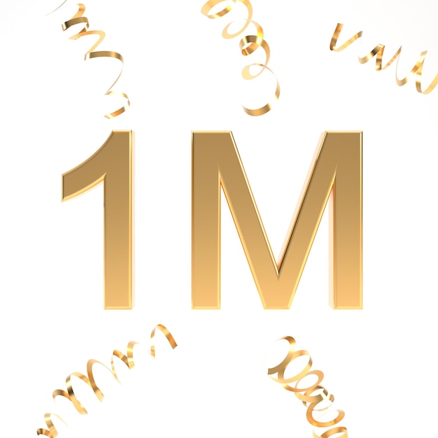 Foto simbolo dorato dei follower da 1 milione con coriandoli per la celebrazione del rendering 3d