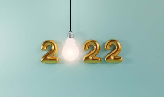 Golden 2022 year balloon with lightbulb glowing on blue background for 2022 idea by 3d render technique.