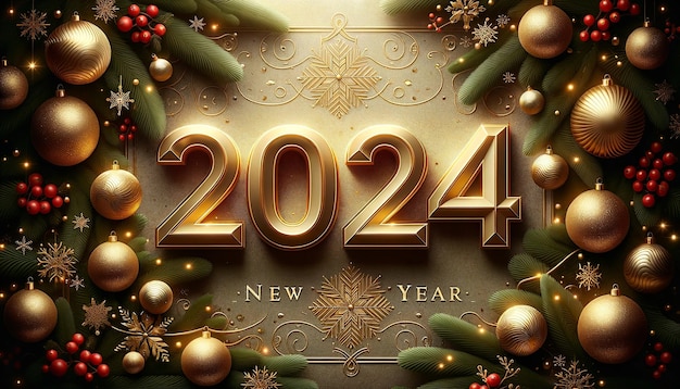 Premium AI Image  Golden 2024 New Year Celebration Poster with Festive Christmas Touch