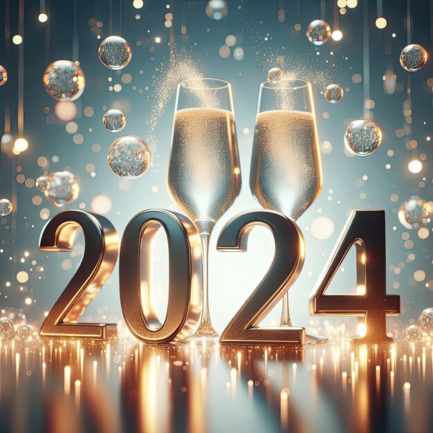 Golden 2024 with two champagne glasses bubbles and sparkles on a reflective surface blue background