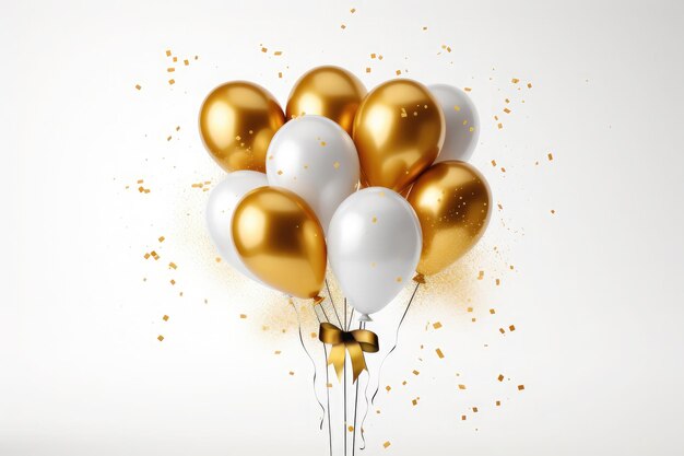 Golden 3d balloons confetti ribbon with anniversary and birthday festive on white Background