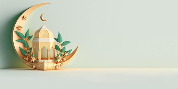 Golden 3D Islamic Lantern Illustration and Crecent Moon for Islamic Banner