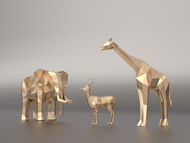 Golden 3d model low polygon  Elephants, deer, giraffe.