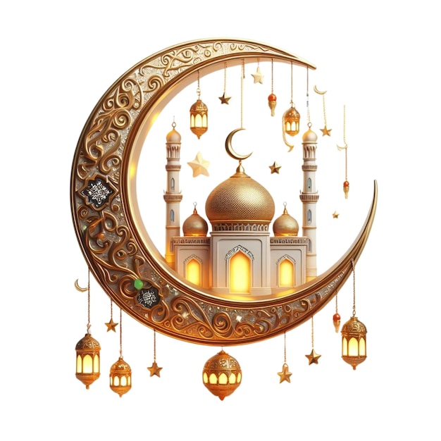 golden 3d mosque with gold crescent moon and lantern