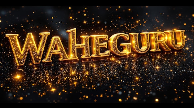 Golden 3D text of 39Waheguru39 illuminated among shimmering gold particles on a dark background