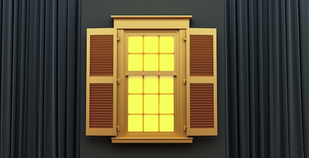 Golden 3d window, Interior with gold window and black elegant Curtains. 3D render