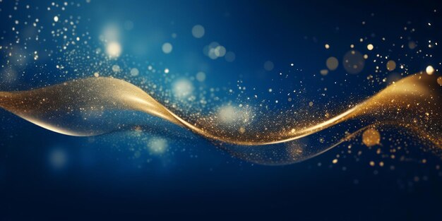 Golden abstract bokeh waves and particles on blue background celebrating christmas new year or other holidays