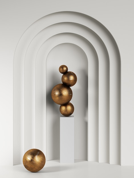 Golden abstract sculpture on stand in interior