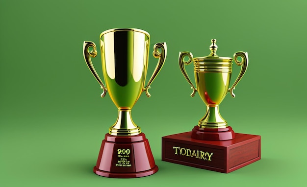 Golden achievement yellow trophy on green background with copy space