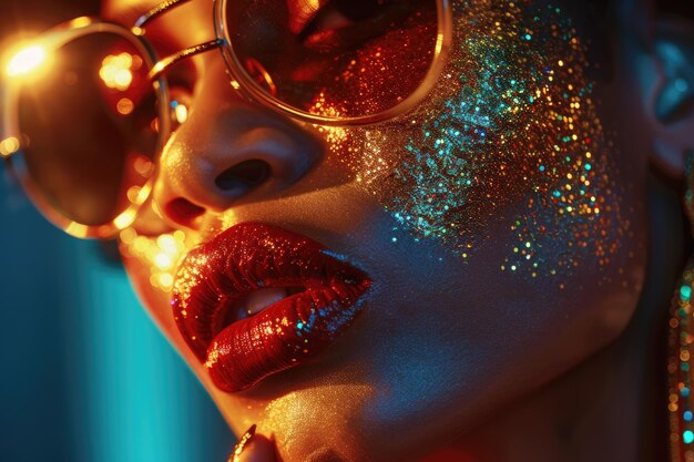 Golden African American model in sunglasses with glitter makeup posing