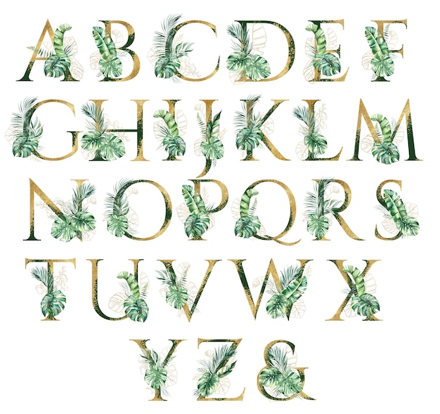 golden alphabet letters decorated with green and golden watercolor tropical leaves isolated