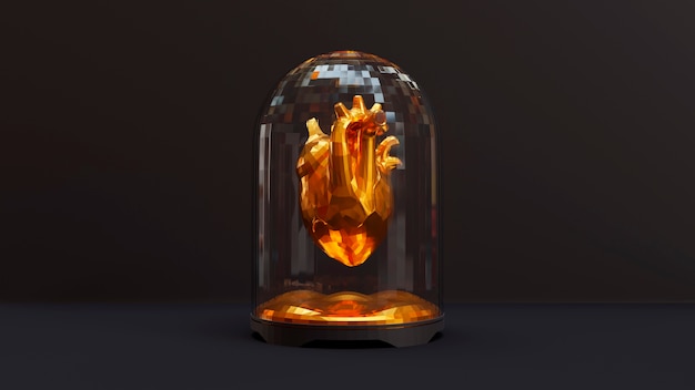 Golden anatomical heart in jar