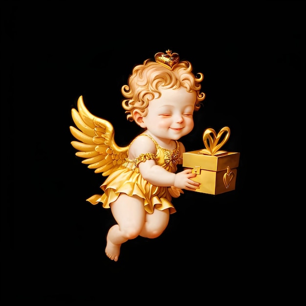 Photo golden angel baby girl holding a golden gift box