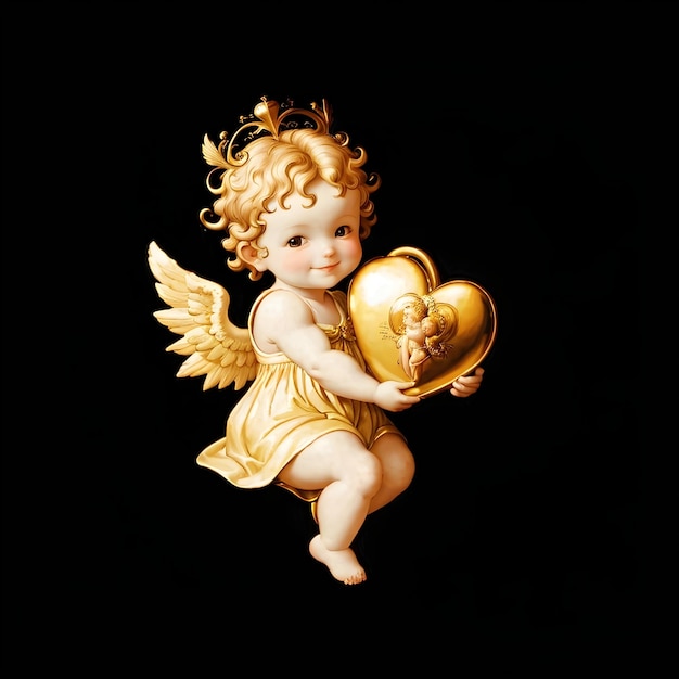 Photo golden angel baby girl holding a golden heart