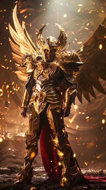 頭の上に翼をつけた金色の天使が燃える背景の前に立っています